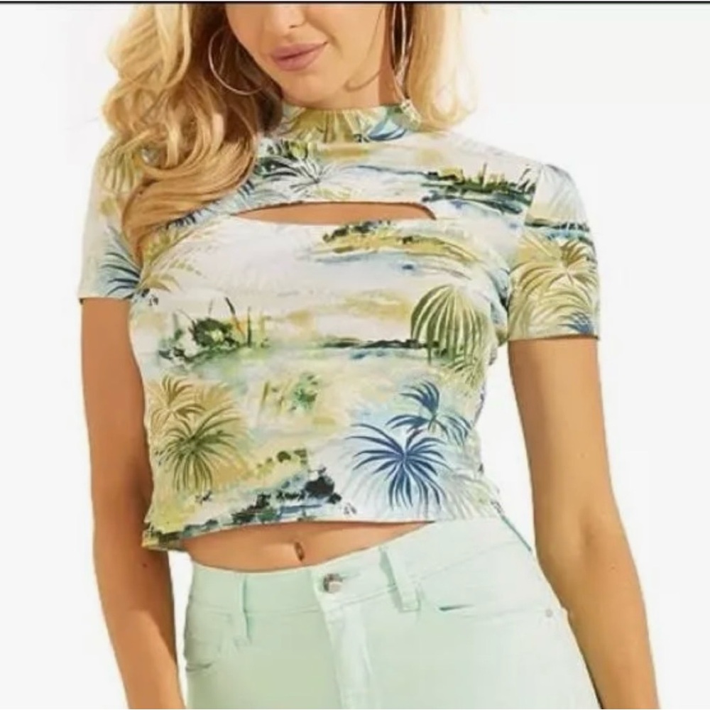 Guess Green and Cream Tropical Cut-Out Crop Top